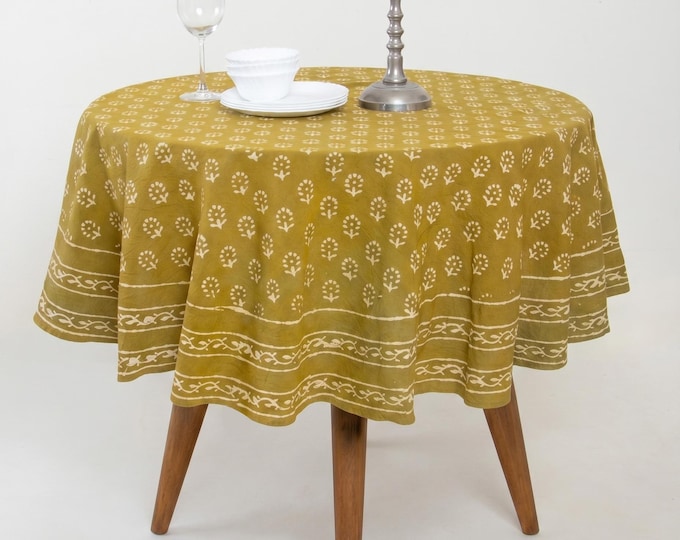 Hand Block Print Round Tablecloth – Mustard Olive Cotton Floral Dining Cover