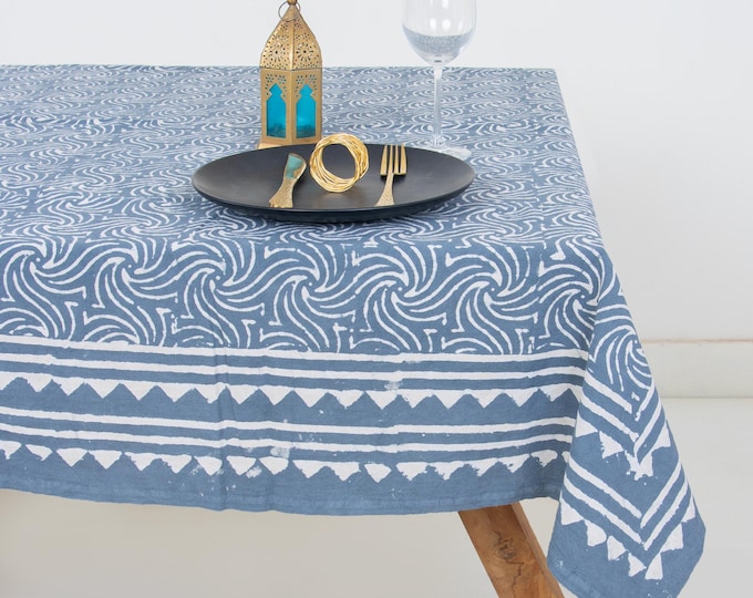 Indigo Blue Tablecloth- Hand Block Printed Rectangle Table Cover - Indian Cotton Dining Tablecloth- Housewarming Gifts
