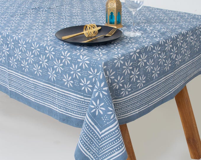 Dusty Blue Block Print Tablecloth, 90x90 Cotton Floral Dining Cover, Boho Farmhouse Decor