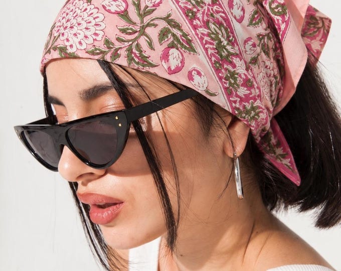 Hand Block Print Cotton Bandana, Pink Floral Head Scarf, Indian Neck Wrap
