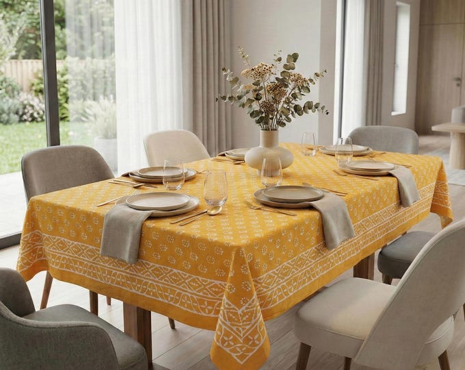 Yellow Floral Buti Hand Block Print Cotton Tablecloth: Boho Farmhouse Dining Cover