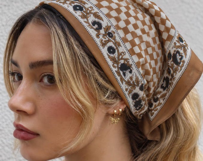 Camel Brown Gingham Bandana - Block Print Cotton Hair Scarf