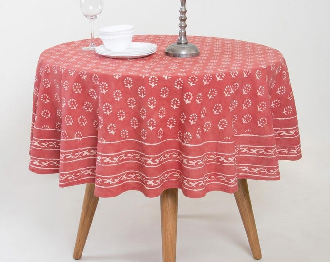 Dusty Coral Pink Hand Block Print Cotton Round Tablecloth, Boho Farmhouse Floral Linen