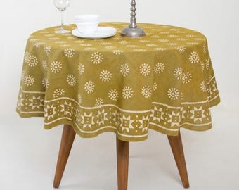 Olive Mustard Hand Block Print Round Tablecloth – Cotton Floral Geometric Dining Decor