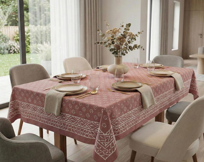 Rosy Brown Hand Block Print Cotton Tablecloth, White Sunburst Floral Boho Farmhouse Dining Decor