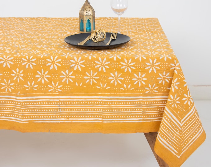 Yellow Hand Block Print Tablecloth: Floral Cotton Boho Farmhouse Dining Cover