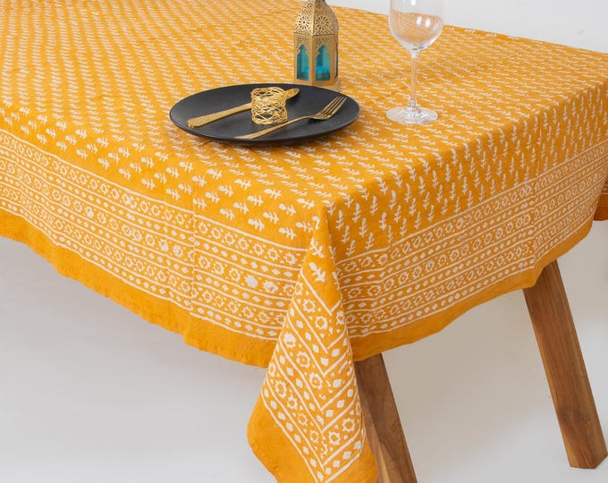 Mustard Yellow Hand Block Print Cotton Tablecloth: Boho Farmhouse Dining Cover
