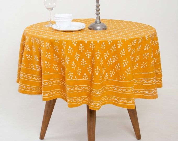 Mustard Yellow Hand Block Print Cotton Round Tablecloth, Floral Farmhouse Dining Decor