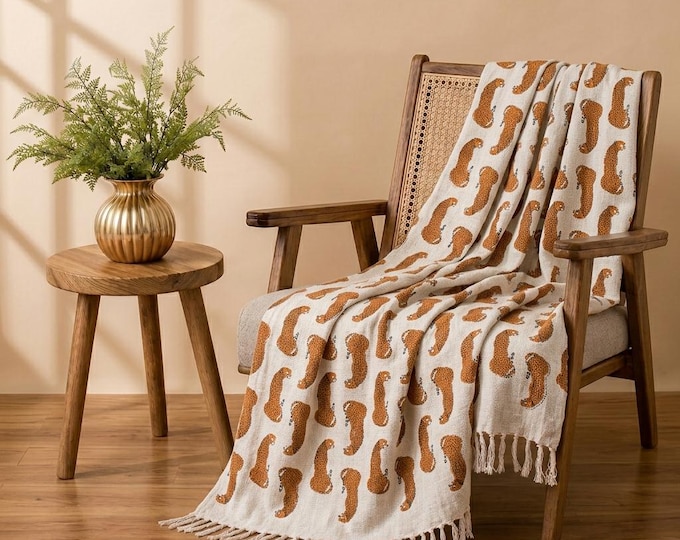 Hand Block Printed Cotton Throw Blanket, Leopard Print, Boho Sofa Cover (50x70 inches)