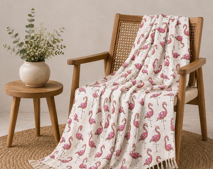 Hand Block Printed Pink Flamingo Cotton Throw Blanket, Boho Tasseled Accent (50x70 inch)