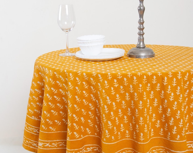 Yellow Hand Block Print Round Tablecloth: Floral Cotton Farmhouse Dining Cover