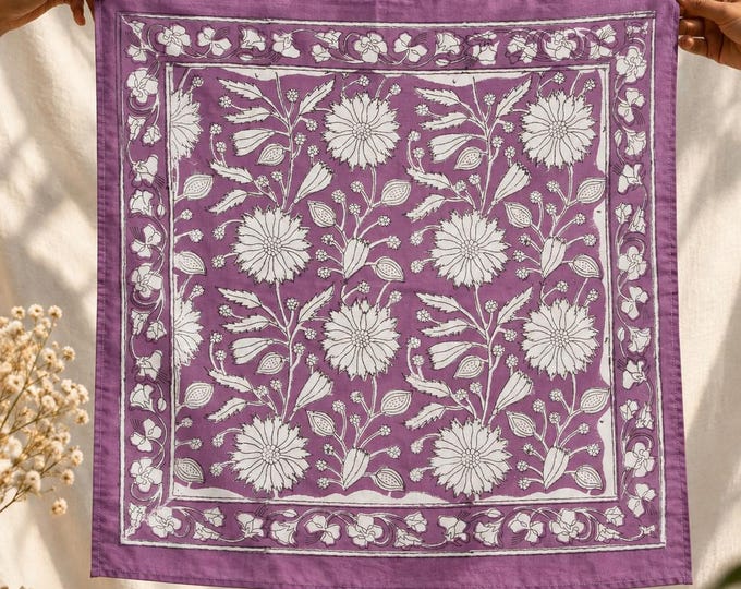 Dusty Plum Floral Hand Block Print Cotton Bandana : Head Scarf
