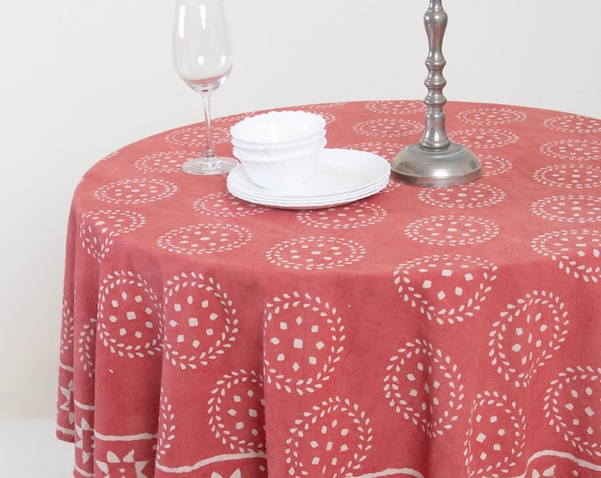 Coral Pink Hand Block Print Round Tablecloth: Boho Cotton Farmhouse Dining Decor