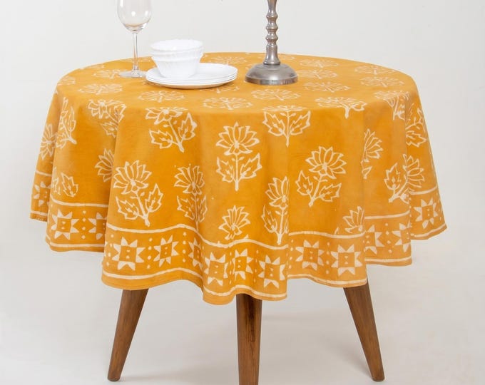 Hand Block Printed Mustard Yellow Round Tablecloth – Floral Cotton Boho Farmhouse Linen