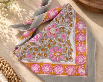 Grey Pink Floral Indian Block Print Bandana – Handmade Cotton Hair Scarf