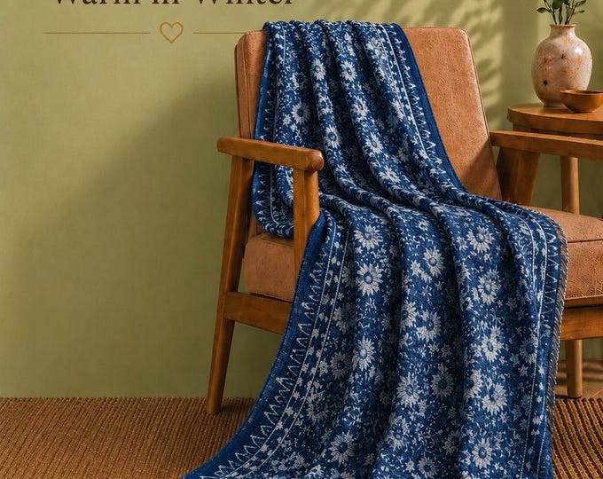 Hand Block Print Organic Cotton Throw Blanket: Indigo Boho Sofa Cover 50x70