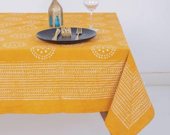 Rectangle Hand Block Print Yellow Tablecloth by Handsandhue - Gifts