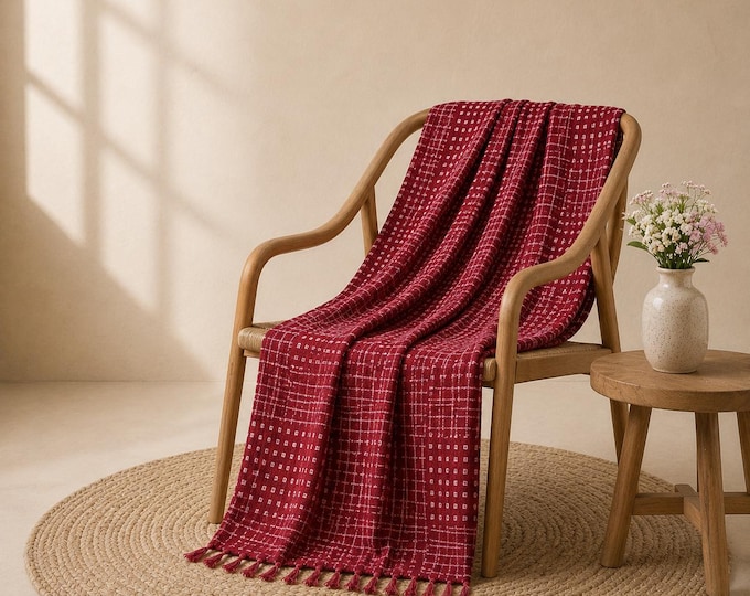 Brick Red Hand Block Print Cotton Throw: Geometric Fringe Blanket, 50x70 Inches Boho Bedspread