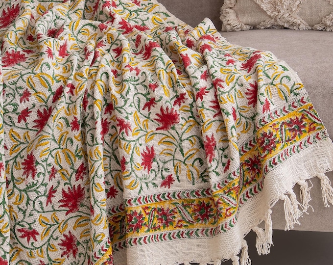 Ivory Floral Hand Block Print Cotton Throw Blanket, Boho Bedspread, Fringed Edges