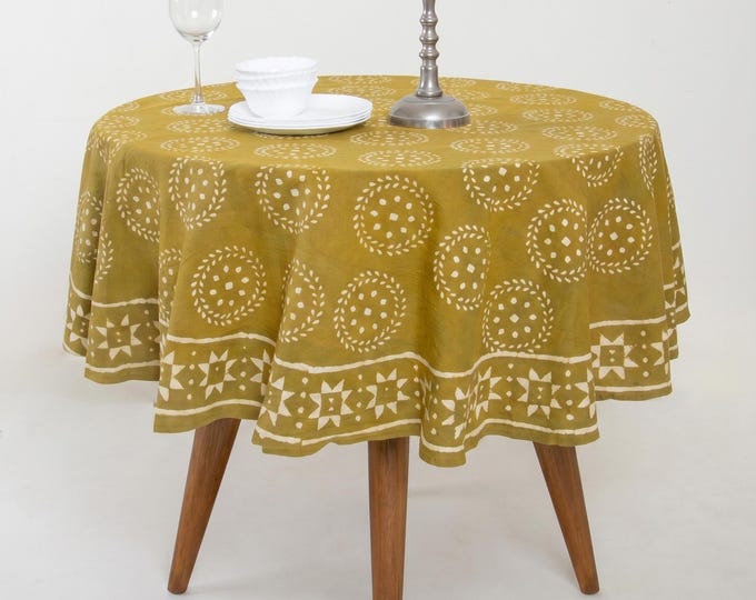 Hand Block Print Round Tablecloth – Olive Mustard Cotton Boho Farmhouse Cover