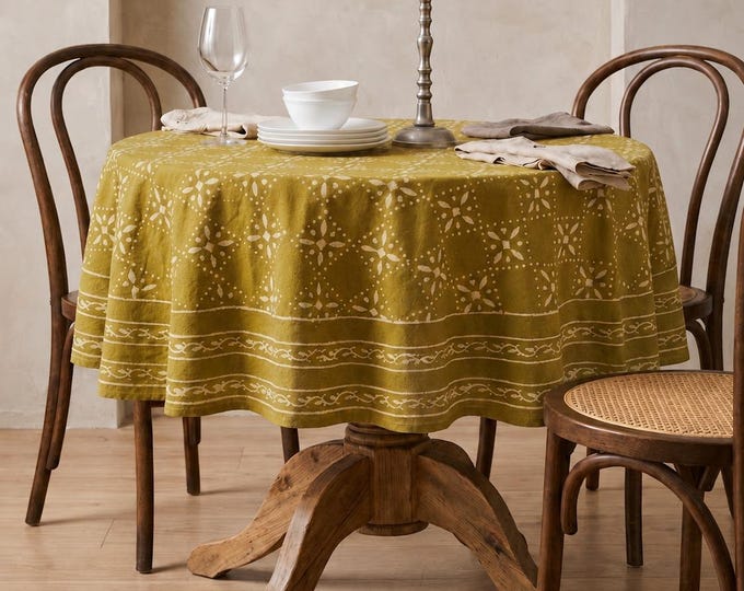 Round Tablecloth - Hand Block Print Tablecloth, Olive Mustard Cotton Tablecloth, Boho Farmhouse Table Cover, Dining Table Linen - Gifts