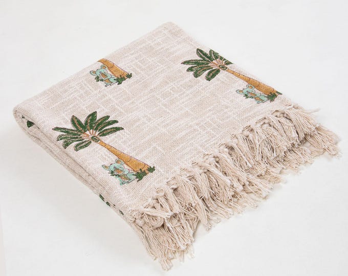 Hand Block Print Cotton Throw Blanket: Green Palm Tree Boho Coastal Sofa Couch Bedspread