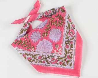Hand Block Print Cotton Bandana: Pink Floral Print, 20x20 Inches hair scarf