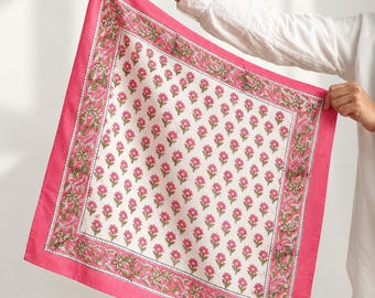 Coral Pink Floral Hand Block Print Cotton Bandana – Square Scarf