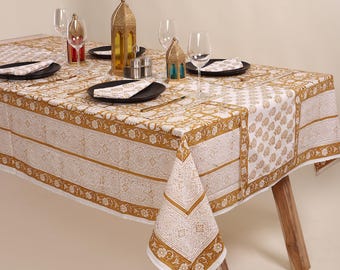 Hand Block Print Cotton Tablecloth, Mustard Floral, Indian Boho Farmhouse Decor