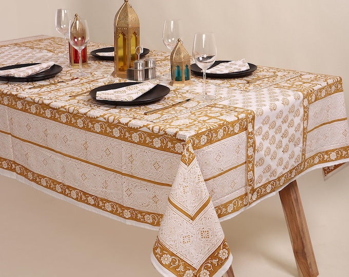 Hand Block Print Cotton Tablecloth, Mustard Floral, Indian Boho Farmhouse Decor