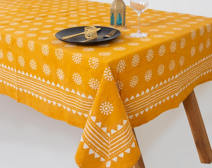 Yellow Hand Block Print Tablecloth: Sunburst Floral Cotton Tablecloth, Rectangle Farmhouse Dining Table Cover