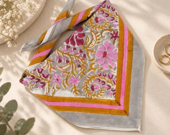 Floral Block Print Cotton Bandana: Multicolor Handmade Hair Scarf - 20 x 20 Inch