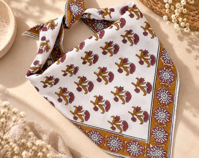 Hand Block Print Floral Cotton Bandana - Maroon Floral  Scarf "Hair accessory"