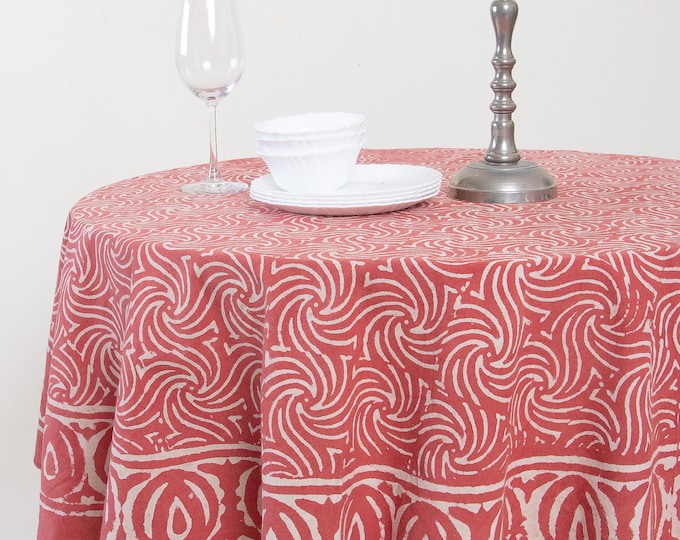 Hand Block Print Round Tablecloth, Coral Pink Cotton, Boho Farmhouse Dining Decor