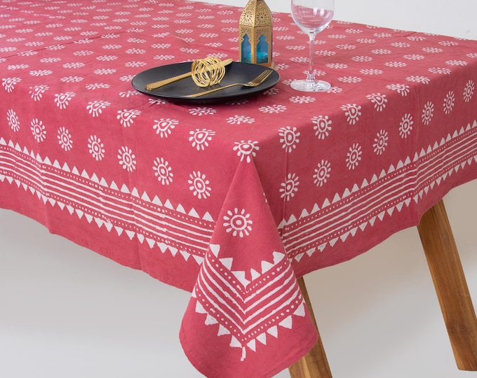 Rose Pink Hand Block Print Cotton Tablecloth – Boho Farmhouse Dining Decor