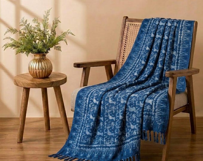 Hand Block Printed Indigo Cotton Throw Blanket: Paisley Floral Design (50x70 Inch)