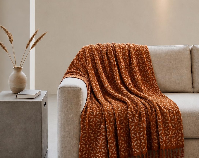 Hand Block Print Cotton Throw Blanket – Boho Farmhouse Fringed Textile (50x70 inches)