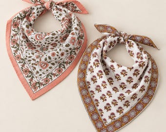 Hand Block Print Cotton Bandana Set of 2 : Floral Head Scarf