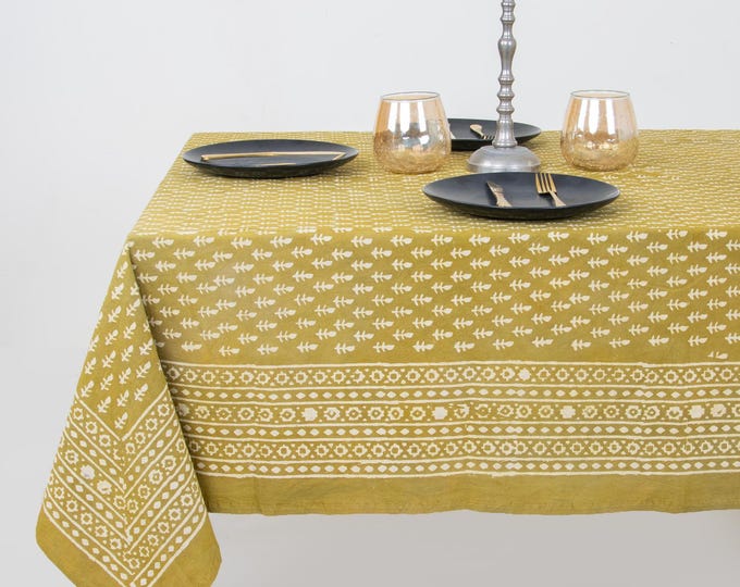 Mustard Yellow Hand Block Print Cotton Tablecloth, Floral Boho Farmhouse Dining Decor