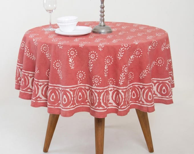 Hand Block Print Dusty Coral Pink Round Tablecloth: Floral Cotton Farmhouse Decor