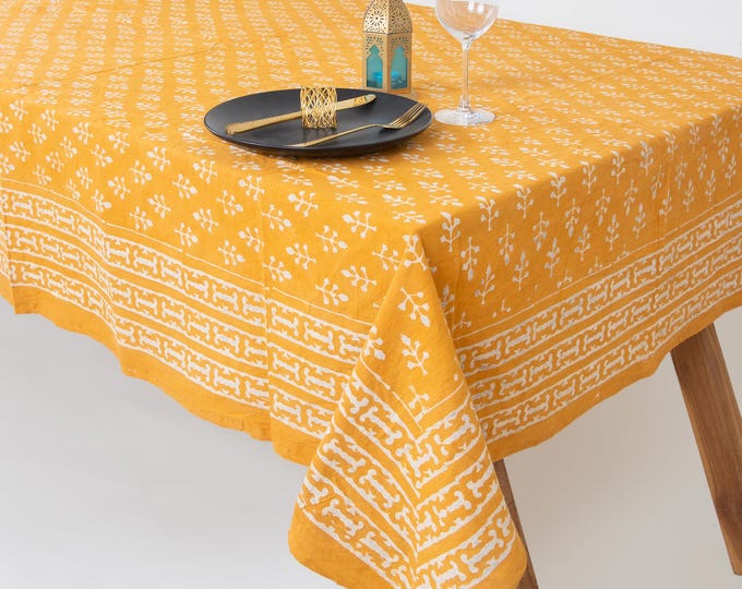 Mustard Yellow Hand Block Print Cotton Tablecloth: Boho Farmhouse Dining Linen