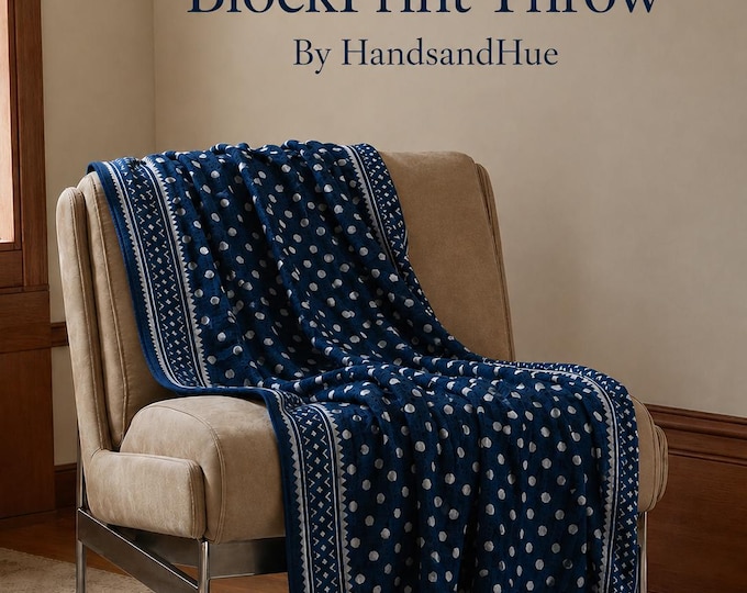 Polka Dot Indigo Cotton Throw Blanket "Hand Block Printed"