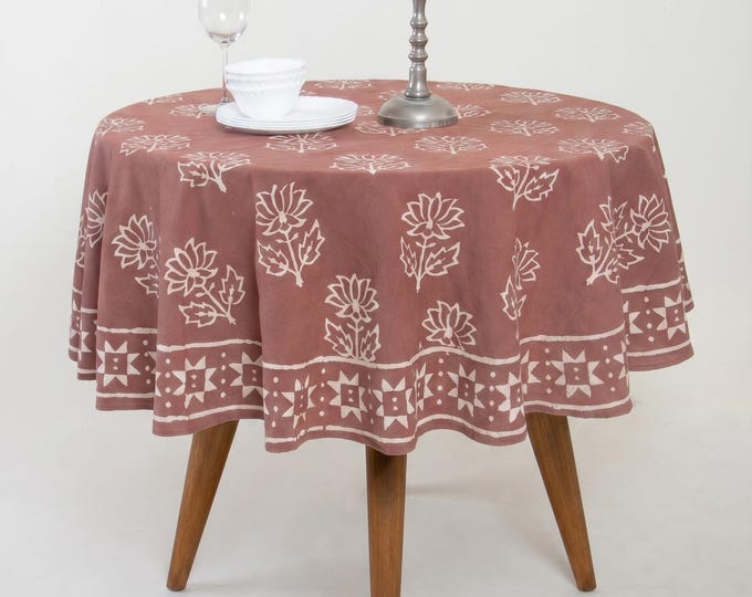Dusty Rose Hand Block Print Cotton Round Tablecloth, Floral Boho Farmhouse Dining Linen
