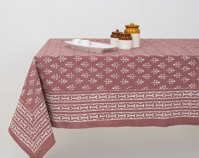 Hand Block Print Cotton Tablecloth – Floral Boho Farmhouse Dining Decor