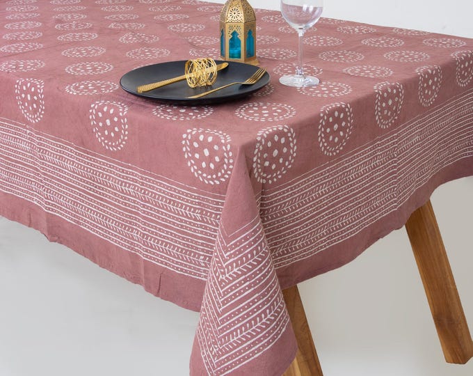 Pink Hand Block Print Tablecloth, Indian Cotton Table Cover, Boho Farmhouse Rectangle Tablecloth, Dusty Rose Dining Linen, Housewarming Gift