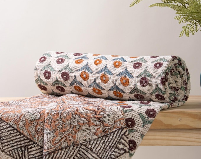 Hand Block Printed Floral Cotton Throw Blanket: Boho Indian Artisan Bed Sofa Cover