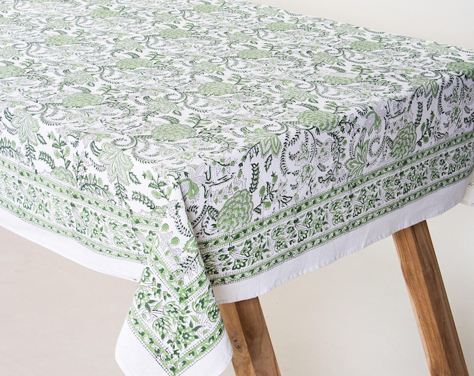 Hand Block Print Sage Green Floral Tablecloth – 100% Cotton Boho Farmhouse Dining Linen