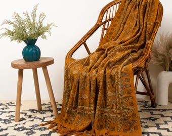 Burnt Mustard Yellow Hand Block Printed Organic Cotton Throw Blanket with Bird Pattern