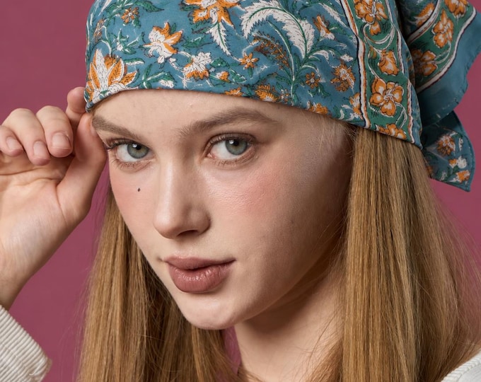 Hand Block Print Cotton Bandana – Floral Head Scarf (Indigo Blue & Orange)