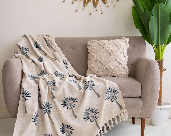 Hand Block Print Palm Tree Throw: Hand Loomed Cotton Boho Sofa Blanket